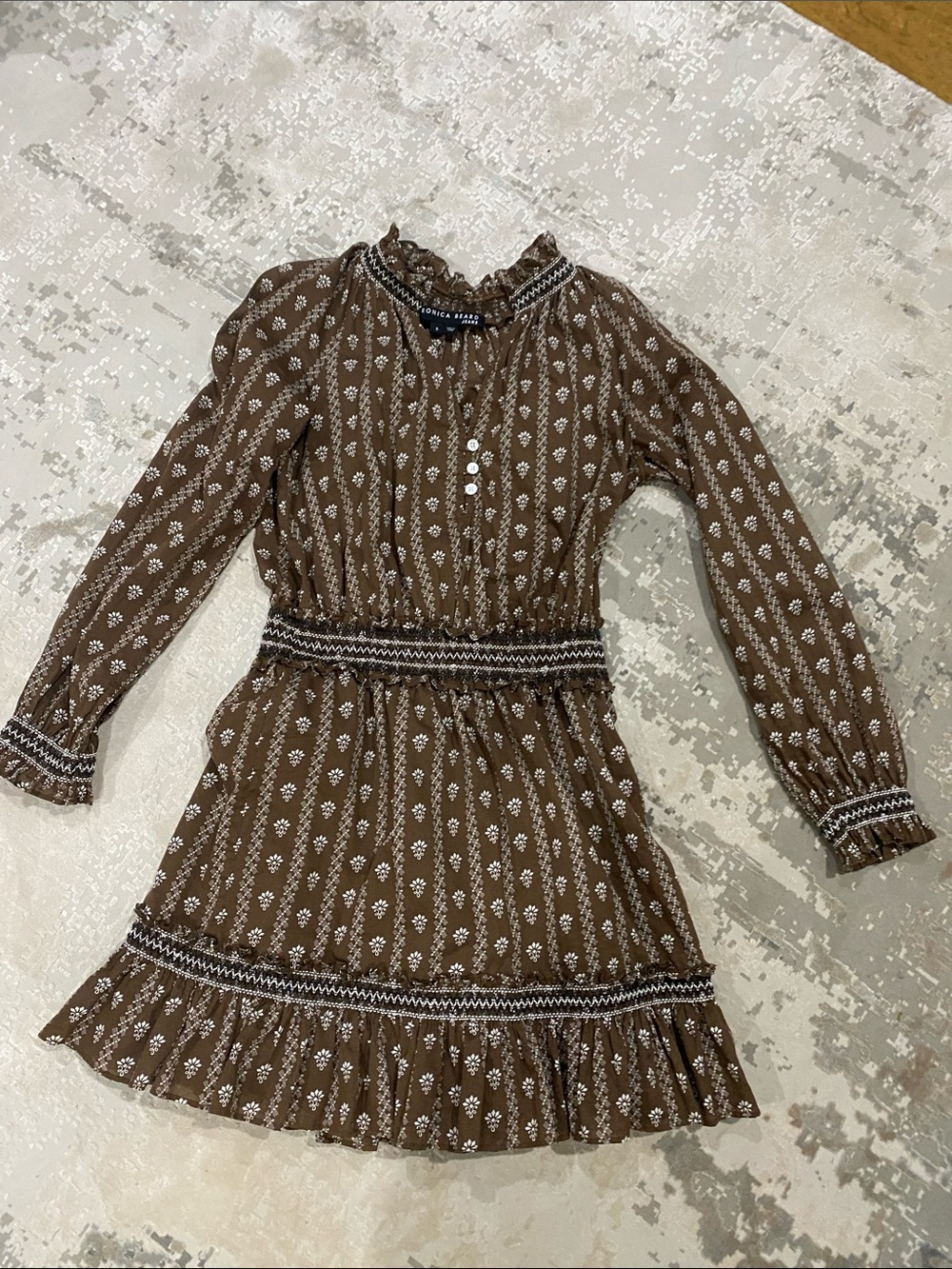 Veronica Beard Brown Floral Smocked Waist Long Sleeve Dress